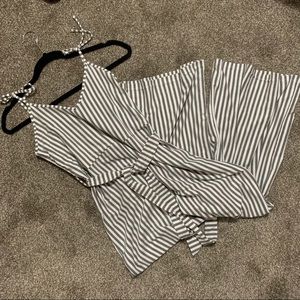 Striped Tie Shoulder Wide Leg Ribbed Jumpsuit